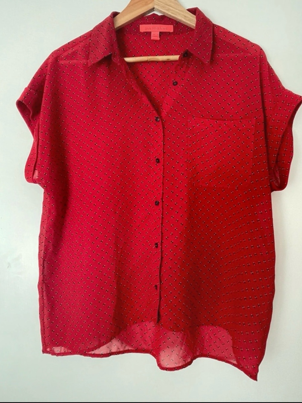 Mango Red Short-Sleeve Button-Front Blouse with Micro Dot Print